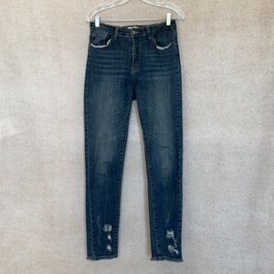 KanCan Distressed Dark Blue Skinny Jeans with Distressed Hem Detailing